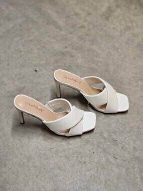 White Cross Strap Stiletto Heel Mules With Square Toe Design For Women
